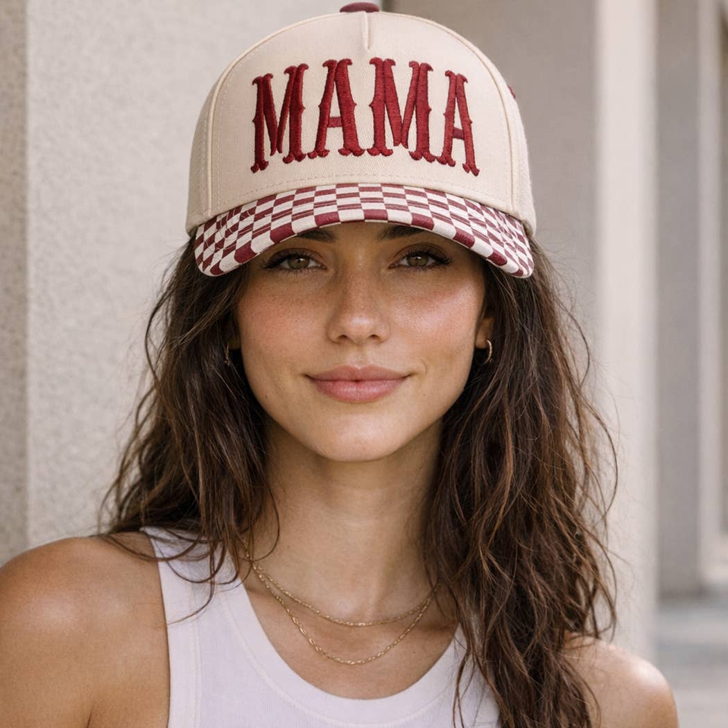 MAMA Embroidered Checkered Brim Trucker Hat