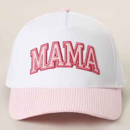 MAMA Gingham Embroidered Patch Stripe Brim Trucker Hat