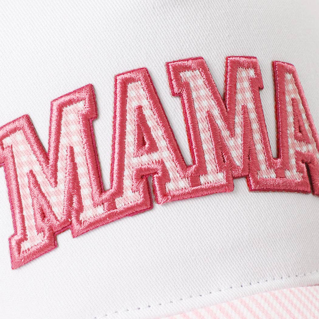 MAMA Gingham Embroidered Patch Stripe Brim Trucker Hat
